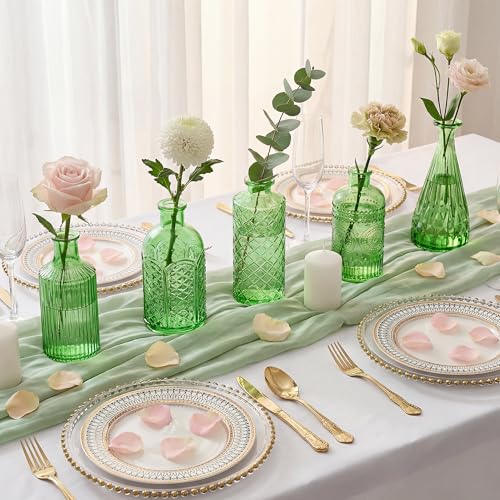 12 Pcs Green Bud Vases Set, Armber Small Vintage Glass Clear Bud Flower Vases Bulk Multiple Shape Cute Mini Glass Bottles Vases for Rustic Wedding Centerpieces Table Decorations and Home Decor - color: Green