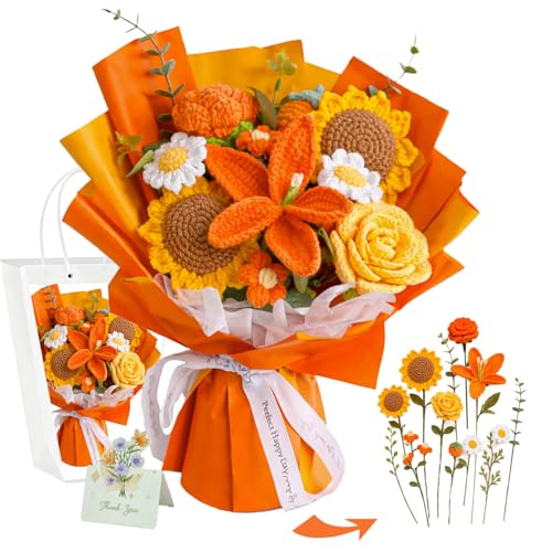 Handmade Crochet Flower Bouquet, Pink Rose & Carnation Knitted Flowers, Gift For Girlfriend, Birthday, Anniversary, Mother’s Day, Wedding Or Graduation (Includes Card) (Orange) - color: Orange