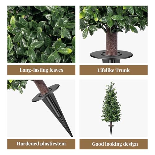 2FT Artificial Boxwood Topiary Trees with Ground Spike, 2 Pack Faux Boxwood Topiaries Cone Bushes Trees UV Resistant Artificial Shrubs for Indoor Outdoor Front Porch Garden - color: Boxwood-3