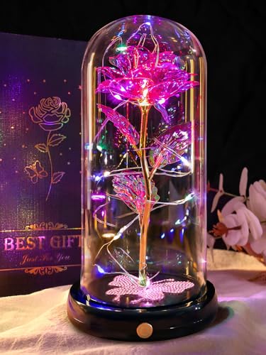 Gifts for Mom Birthday Gifts for Women Pink Rose Eternal Flower USB Light Up Rose in Glass Dome Anniversary Flowers for Delivery Prime Galaxy Crystal Flowers Gifts for Mom Women Wife Grandma - color: Usb-pink
