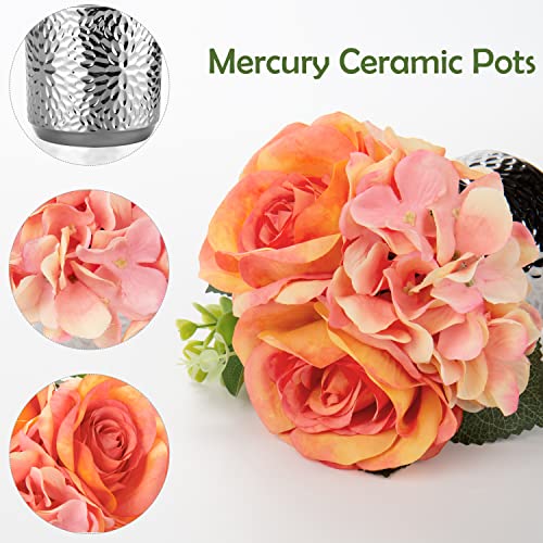Fake Flowers Artificial Flowers Coral Orange Faux Flowers with Vase Silk Hydrangea & Rose Flower Arrangements in Ceramic Pots Centerpieces for Home Decor Tables Bathroom Kitchen Wedding Decorations - color: Charm Orange