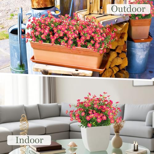 SJL Fake Outdoor Flower, 12Pcs UV Resistant Silk Flowers for Outside with Eucalyptus Stems, Long Lasting Realistic Fake Flower Bunch for Porch Patio Wedding Home Party Decor(Rose Red) - color: Bundle Rose Red-flower