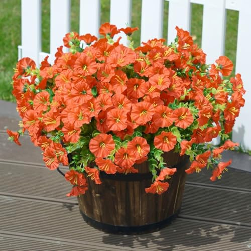 Artificial Flowers for Outdoor Spring Summer Decoration Fake Plastic Flower Plant, Faux Colorful Silk Morning Glory Eucalyptus Greenery Shrubs for Outside Garden Porch Front Door Decor Orange 8 Pack - color: Morning Glory - Orange - 8 Pack