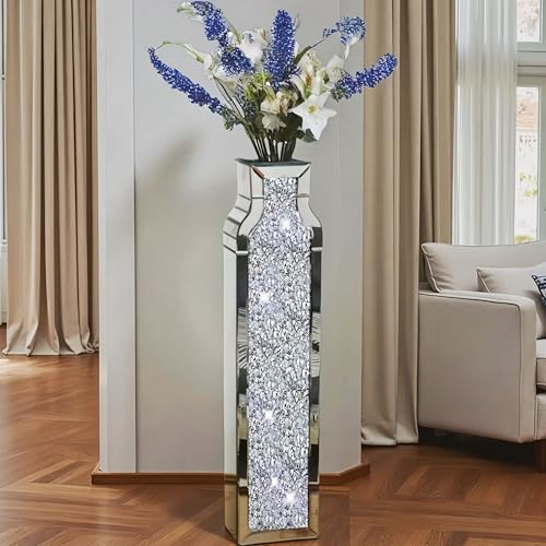 30" Tall Floor Vase, Double Sided Crushed Diamond Mirrored Vases,Large Flower Vase for Home Decor, Mirror Glass Decorative for Living Room,Office,Centerpiece (Crushed Diamond:4.7''L X 6.8''W X 30''H) - size: Crushed Diamond:6.8"L X 4.7"W X 30"H