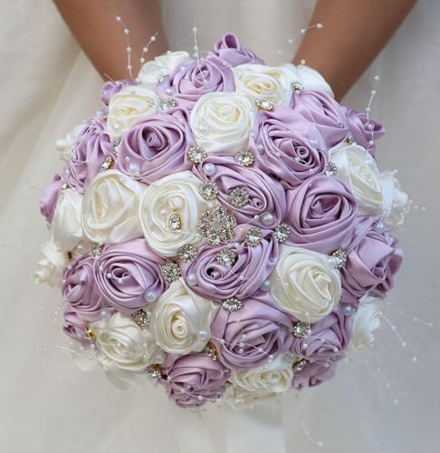 Ujicde Romantic Wedding Bouquet Bridal Bridesmaid Round Bling Brooch Bouquet Throw Toss Artificial Rose Flower Bunch with Sparkle Rhinestone Crystal Decoration(Ivory+Purple,Dia. 6.3"*16cm) - color: Ivory+purple, size: Dia. 6.3"*16cm