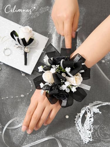 Prom Corsage and Boutonniere Set Black,Artificial Silk Rose Wrist Corsage for Homecoming, Formal Dance Party, Wedding,Graduation,Anniversary - color: Black