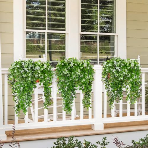 SJL Artificial Hanging Plants Fake Vine Faux Greenery Outdoor UV Resistant Plastic Plants Artificial Plant Outdoors Fake Hanging Vine 3Pcs for Indoor Outdoor Home Garden Wedding Party Decor (White) - color: Hanging White Rose