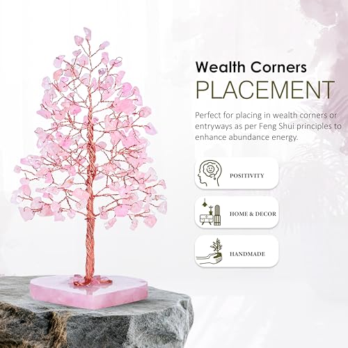 Crocon Crystal Heart Base Tree of Life Gifts for Women, Rose Quartz Healing Crystals Tree Brings Positive Energy, Good Luck, Money, Feng Shui Home & Office Desk Decor, for Mom & Wife Present - color: 002c Rose Quartz (Quartz Tree)
