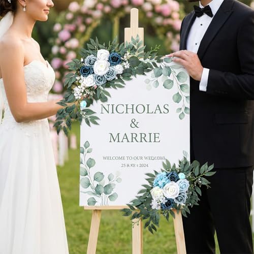 2 PCS Arch Flowers, Artificial Flowers for Wedding Arch Floral Swag Blue for Wedding Welcome Signs, Baby Shower, Venue Decorations, Banquet Receptions and Photo Backdrops