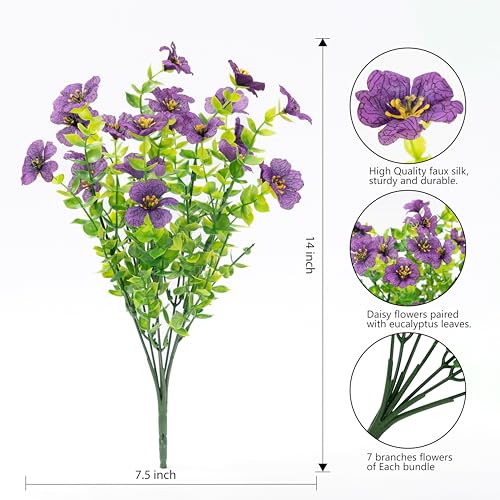 Artificial Flowers for Outdoor Indoor Garden Home Decoration, Faux Flower Daisy with Eucalyptus Leaves Fake Plants Greenery Boxwood Porch Patio, 12 Bundles - color: Purple