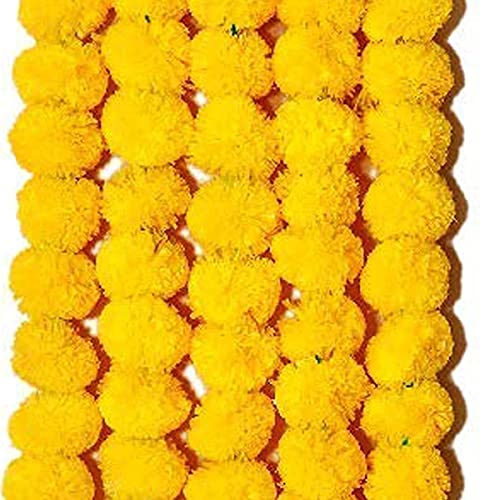 Artificial Marigold Garland for Decoration 5 Pcs of 5 feet Long Strands Artificial Marigold Flowers, Indian Decor for Pooja, Wedding Christmas, Events Decorations (Yellow) - color: Yellow