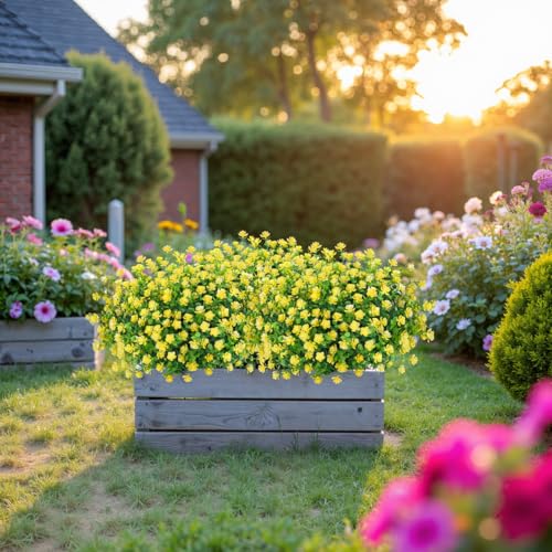 Bassion Artificial Flowers for Outdoors Decoration UV Resistant Faux Flowers Fake Plastic Plants Shrubs for Indoor Outside Garden Porch Hanging Planter Window Box Home Decor (Yellow) - color: Yellow