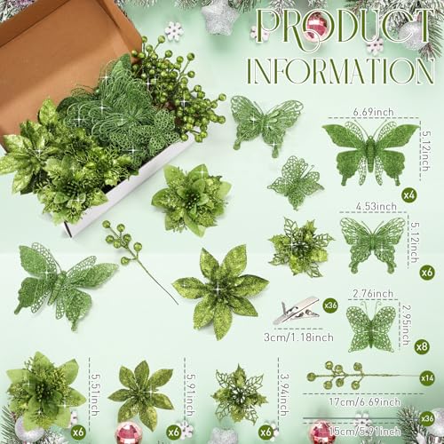 Thiccywoov 122 Pcs Christmas Glitter Poinsettia Artificial Flowers Berry Picks Butterfly Christmas Tree Ornaments 3 Styles Poinsettia kit with Clip for Xmas Wreath Home Tree Decor(Green) - color: Green