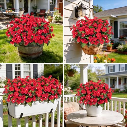 Ouddy Decor 6 Bundles Artificial Flowers for Outdoors Decorations, Fake Silk Flowers Faux Plants Plastic Bouquet UV Resistant for Porch Garden Wedding Spring Summer Indoor Outside Home Decor, Red - color: Red