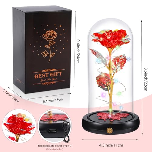 Gifts for Mom Birthday Gifts for Women Red Rose Eternal Flower USB Light Up Rose in Glass Dome Anniversary Flowers for Delivery Prime Galaxy Crystal Flowers Gifts for Mom Women Wife Grandma - color: Usb-red