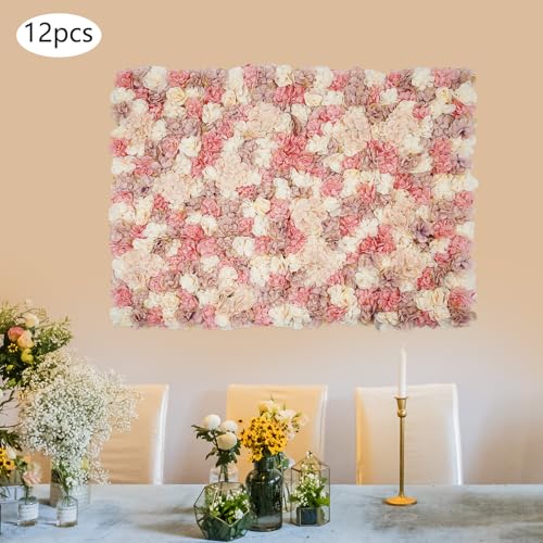 12Pcs Artificial Flower Wall Panel 3D Floral Backdrop Walls15 X 15" Flower Wall Decor Panel Flower Backdrop for Party Home Background Decor-Champagne, White, Pink - color: Champagne, White, Pink