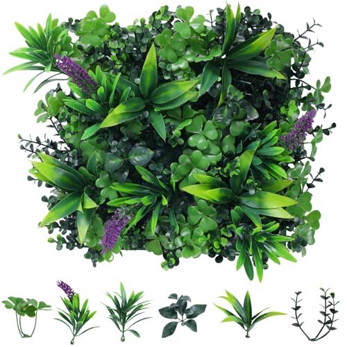 6Pcs 10"x10" Artificial Grass Wall Panels, Privacy Fence Screen Green Decor Backdrop, UV-Anti Fake Hedge Greenery Plant Wall Boxwood Panels Outdoor Indoor Wedding Garden Backyard (Purple Flowers） - color: Green+purple, size: 6 Pcs-10" x 10"