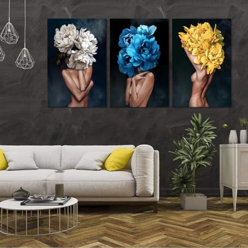 Sexy Women Pictures Wall Decor 3 Panels Nude Girls Painting Girls with Flowers Head Canvas Prints Artwork Living Room Bathroom Decor Wooden Framed Ready to Hang - 24"W x 36"H x 3pcs - color: Art01, size: 24x36x3pcs