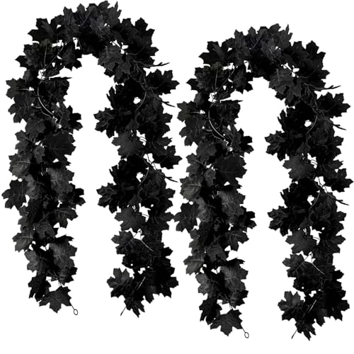 Black Maple Leaf Garland, 2PCS Halloween Artificial Hanging Fall Leave Vines, Fall Floral Garlands Thanksgiving Decor for Home Wedding Party (11.8FT) - color: 2 Black