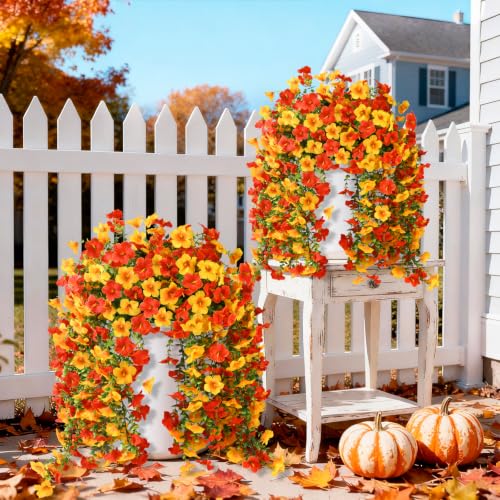 INQCMY Artificial Fake Flowers Plants for Outdoor Fall Decoration,2 PCS Faux Silk Morning Glory with Eucalyptus Leaves,UV Resistant Realistic Outdoor Flowers for Balcony Porch Patio Yard Garden - color: Orange Golden Yellow