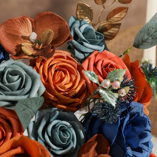 Garisey Artificial Flowers Combo for DIY Wedding Bouquets Combo Centerpieces Arrangements Party Bridal Baby Shower Home Decorations-Teal&Terracotta - color: Teal & Terracotta