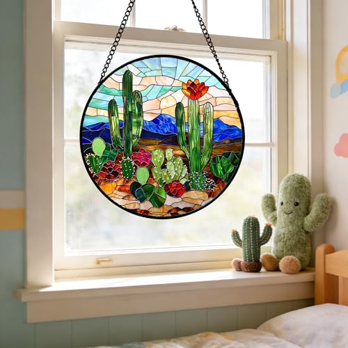 DASTOLL Stained Glass Window Hanging, Green Cactus Suncatcher for Doors Window Home Plant Landscape Sun Catchers Decoration Mother's Day Birthday Gifts for Women, Men, and Mom 6.3 in - color: Green Brown, size: 6.3x6.3 IN