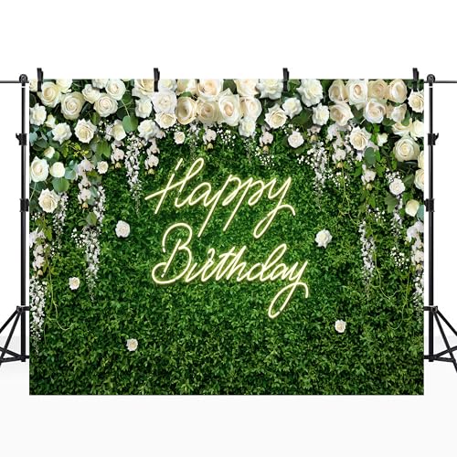 Riyidecor Green Leaves Birthday Backdrop Vinyl Neon White Rose Flower Floral Blossom Elegant Greenery Grass Wall Botanical Plant 10Wx8H Feet Photography Background Birthday Photo Studio Shoot - color: A-Birthday （White Rose）, size: 10Wx8H