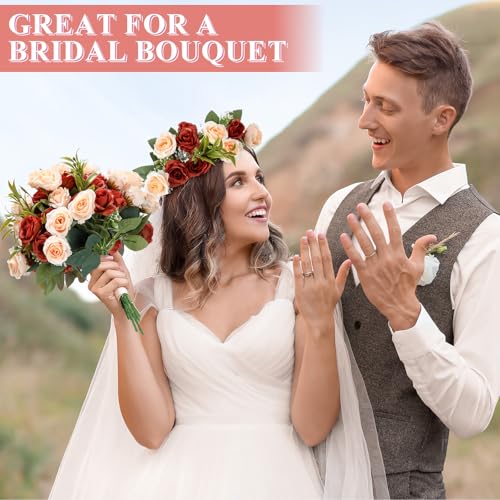 Zeyune 8 Pack Artificial Mini Burnt Orange and Champagne Roses 12 Inch Fake Flowers with Stems 80 Small 1.6 Inch Flower Heads Silk Mini Rose Bouquets for Wedding Bridal Bouquets Home Party Decor - color: Burnt Orange and Champagne