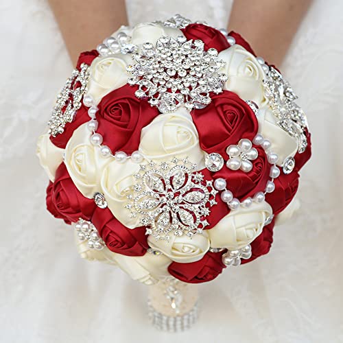 Sharebeauty 7.9 Inch Handmade Satin Rose Bridal Bouquet Toss Round Wedding Bouquet Throw Toss Artificial Flower Bunch Dark Red + Ivory - color: W3217d10 Dark Red/Ivory