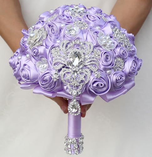Bridal Wedding Bouquet Round Bling Brooch Bouquet Artificial Rose Flower Bunch for Bride Bridesmaid Wedding Quinceanera(Light Purple, 7.5") - color: Light Purple*, size: Small (Dia. 7.5"/19cm)