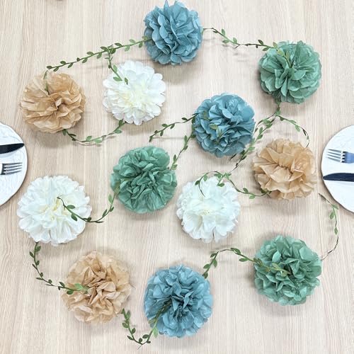 Sage Green Dusty Blue Khaki Beige Tissue Paper Flowers Pom Pom with Leaf Ribbon Hanging Garland Streamer for Birthday Baby Shower Wedding Engagement Silly Goose Themed Party Decorations Supplies - color: sage green blue