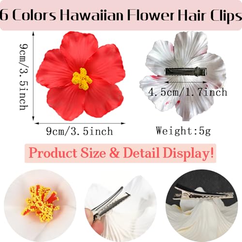 6Pcs Hawaiian Flower Hair Clips for Women,Plumeria Hair Clips Hibiscus Hair Barrettes, 3.5 Inch Boho Artificial Flower Clips, Cute Hair Accessories for Women Girls Summer Vacation Beach Party - color: Hawaiian Style Color A:Orange, Purple, Red, White, Yel