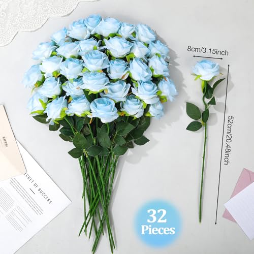 32 Pcs Ice Blue Artificial Roses Fake Flowers, Silk Flowers with Stems for DIY Wedding Bridal Shower Centerpieces Arrangements Tables Decorations - color: Ice Blue