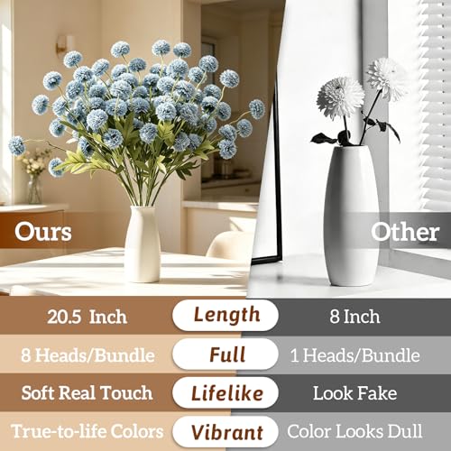 8pcs Blue Fake Flowers Silk Pompon Mum Artificial Flowers,Mini Artificial Chrysanthemums with Stems,Faux Flowers For Vase,for Wedding Centerpieces, flower arrangements, vase fillers, and home decor - color: Blue