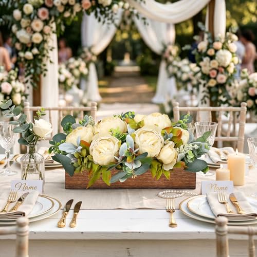 Flower Table Centerpieces for Dining Room, Summer Artificial Peony Table Centerpieces Wood Tray with Fake Flowers for Wedding Living Room Party Bar Kitchen Table(Champagne) - color: Champagne