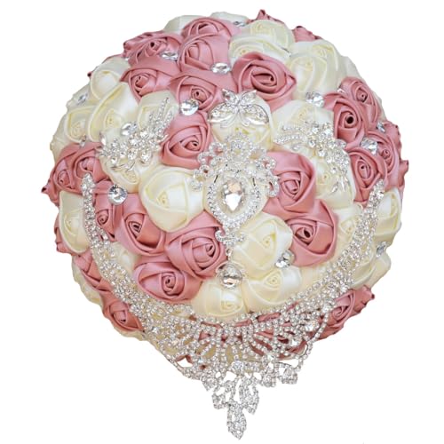 XINNI Handmade Bridal Wedding Bouquet Bride Bridesmaid Satin Rose Flower Bouquet with Drop-Shaped Rhinestone Wedding Decoration (Dusty Pink+Ivory) - color: Dusty Pink+ivory