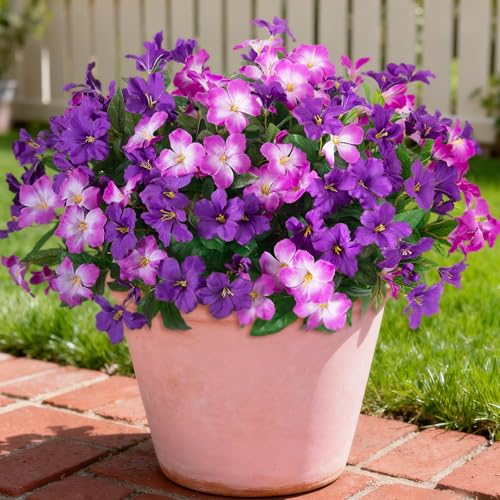 Fake Artificial Flowers for Outdoors 6 PCS Azalea Bouquet Silk Flowers for Outside UV Resistant Faux Flowers Plants for Outdoor Planters Realistic Spring Home Front Door Patio Garden Porch Decor - color: Mt Azalea B-purple1 Purple3