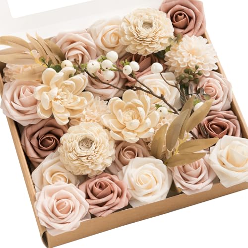 Ling's moment Fake Flowers Box, Faux Artificial Greenery Stems Foam Dahlia Roses Silk Willow Fabic Flower for Centerpieces Bouquet Wedding Vase Decorations, Dusty Rose & Cream & Blush, Grand Combo - color: Pk-dusty Rose & Cream & Blush, size: Grand