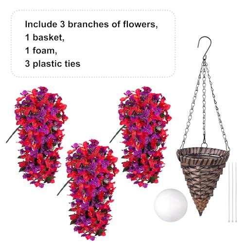 Ivydale Bougainvillea Artificial Hanging Fake Flowers with Basket for Outdoors Decoration, Faux Silk Flowers UV Resistant Fake Plants Long Vines Realistic for Outside Front Door Porch, Red Fuchsia - color: Red Fuchsia