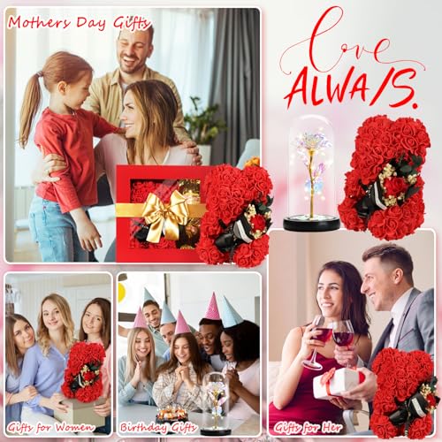 Mothers Day Rose Gifts for Mom Women Wife Girlfriend, Rose Bear & Beauty and the Beast-Inspired Rainbow Light-Up Roses Gift Set – Perfect for Valentine’s, Birthday Mother’s Day and Anniversary - color: Red +Colorful Rose