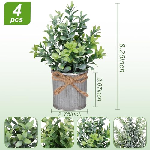 Yoratee Small Artificial Plants Set of 4 Fake Potted Plant with Iron Pot Mini Greenery Decor for Indoor Home Porch Garden Bathroom Décor - color: Silvery