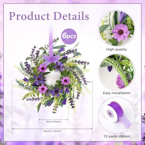 6 Pcs Mini Lavender Hanging Wreaths for Cabinets Purple Daisy Candle Rings Pillar Holder Small Wreath Wild Flower Spring Summer Floral Wreaths for Farmhouse Porch Front Door Window Decor - color: Purple Lavender
