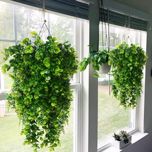6pcs Artificial Hanging Plants Fake Hanging Plant Faux Eucalyptus Leaf Greenery Vine Outdoor UV Resistant Plastic Plants (6, Green) - color: Green