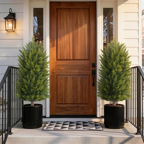 DREAMLOOM Artificial Topiary for Outdoors 3ft Artificial Cedar Trees 2 Set Fake Pine Tree with Spike Faux Shrubs Bushes Outside Front Porch Planter Garden Decor Entryway Home