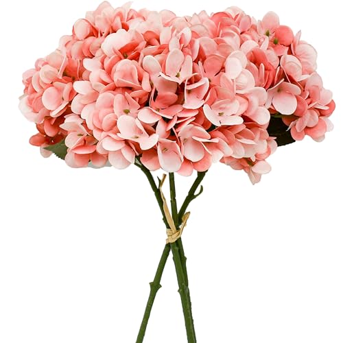 Mandy's 3 Stems Coral Artificial Hydrangea Flowers | 13.7 Inch Realistic Silk Bouquet for Centerpieces Easter , Wedding & Home Decor - color: Coral
