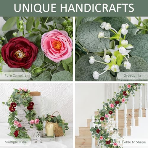 TOCHGREEN 2 Pack 13Ft Artificial Eucalyptus Flower Garland with Red Pink Roses, Fake Rose Flower Greenery Garland Floral Vines for Wedding Home Party Table Runner Decor (Red Pink, 2PCS) - color: Red Pink, size: 2PCS