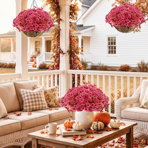 22 Pack Artificial Flowers Outdoor Fake Plants, Faux Flowers UV Resistant with Plastic Plants, Faux Silk Flowers for Outdoors Outside Front Porch Hanging Planter Window Garden Decoration(Dark Red) - color: Dark Red, size: 22 Bundles