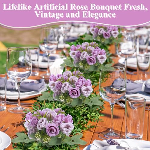 Zeyune 8 Pack Artificial Mini Purple and Lilac Roses 12 Inch Fake Flowers with Stems 80 Small 1.6 Inch Flower Heads Silk Mini Rose Bouquets for Wedding Centerpieces, Bridal Bouquets, Home Party Decor - color: Purple and Lilac