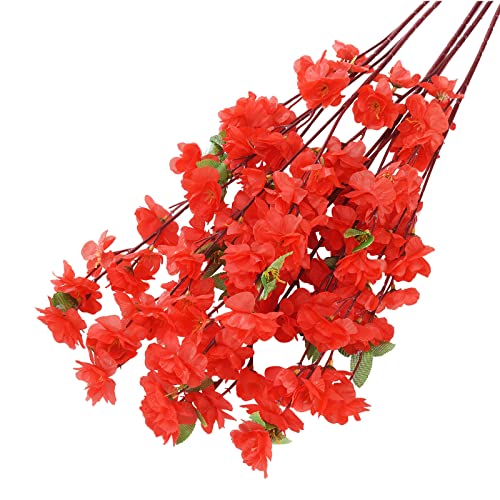 10PCS Artificial Cherry Blossom Branches Silk Spring Peach Blossom Fake Flowers Arrangements for Home Wedding Decoration (Red) - color: Red