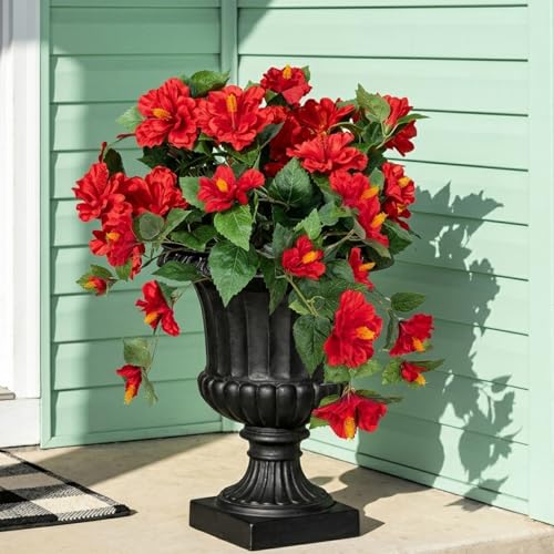Briful 2PCS Artificial Hibiscus Flowers, 19.6in Tropical Faux Hibiscus Stems with Cascading Branches, Red Hibiscus Bouquet for Vase, Hanging Basket, Porch, Wedding, Party, Indoor Outdoor Decor - color: Red#940